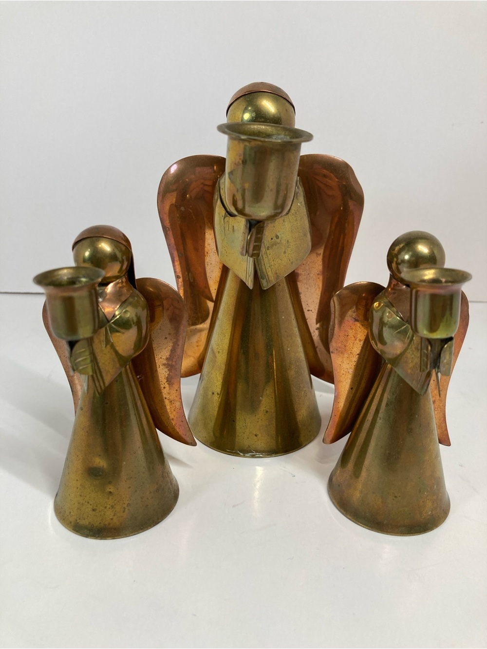 Vintage Brass & Copper Angel Taper Candle Holder Lot of 3 Christmas